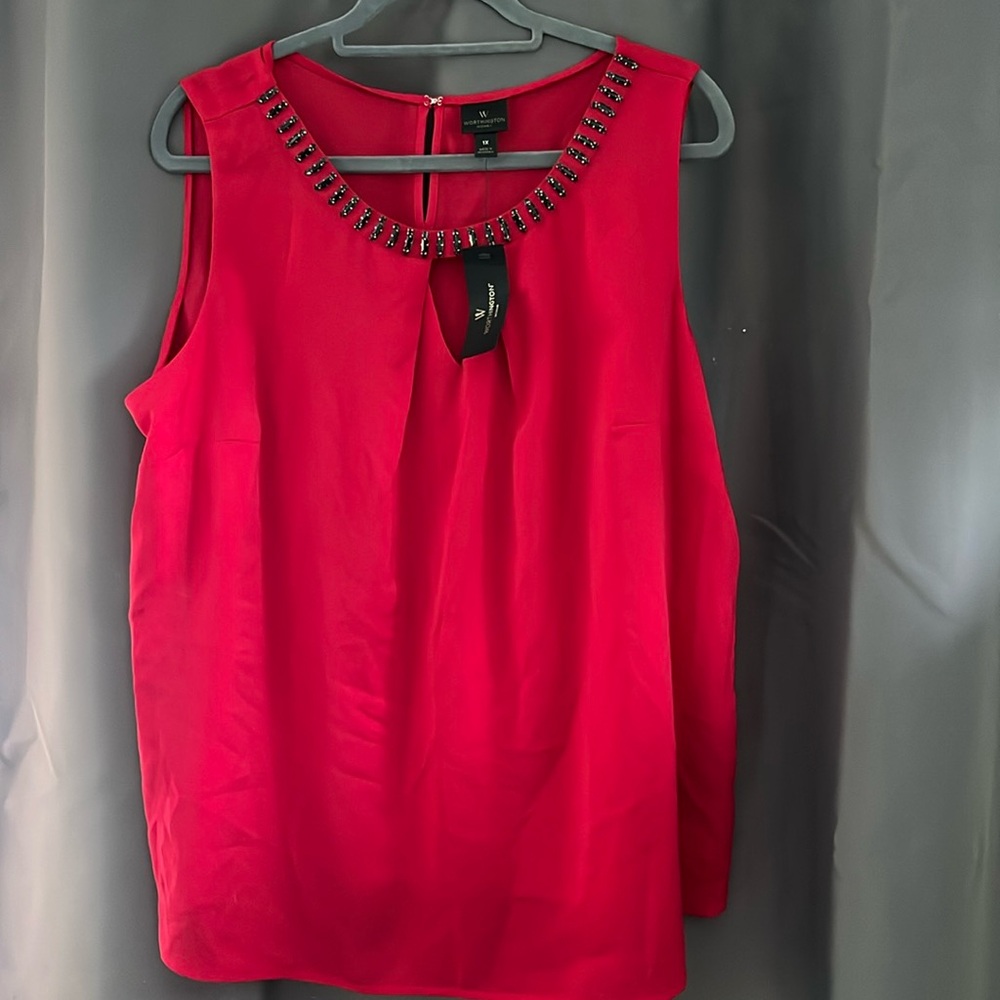 Red sleeveless blouse with bead detailing